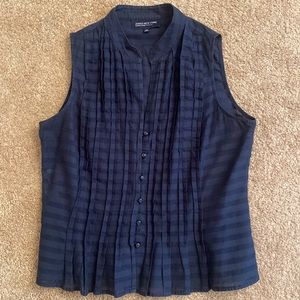 Jones of New York navy, pleated, button down, sleeveless blouse.